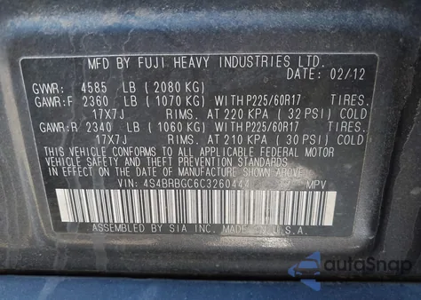 2012 Subaru Outback 2.5I Premium from USA, damaged, VIN 4S4BRBGC6C3260444